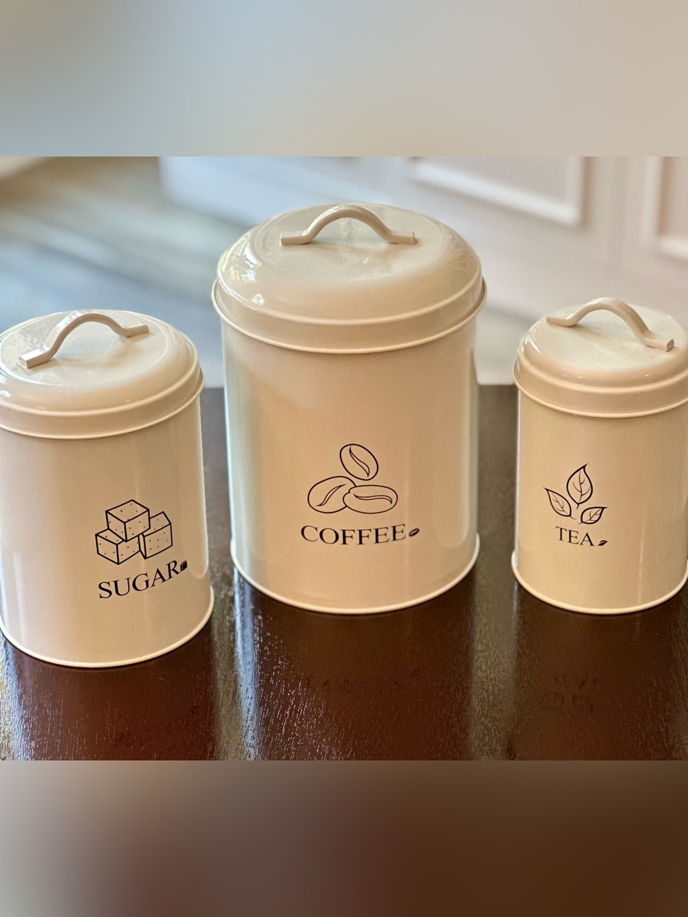 3-Piece White Metal Coffee Tea Sugar Canister Set with Lids